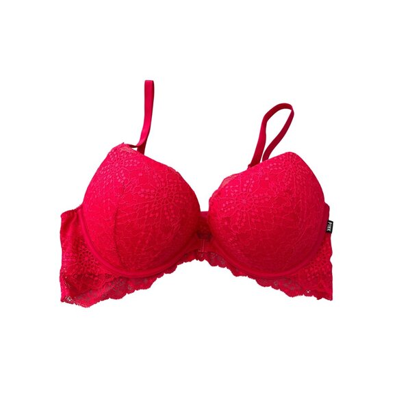 PINK Victorias Secret Date Super Push Up Bra Sz 36C Red Lace Intimate Underwear - Picture 1 of 9